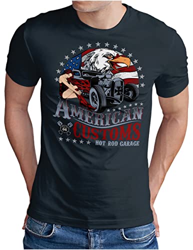 OM3® American Customs Hot Rod T-Shirt | Herren | US Pin Up Girls Racing Classic Car | Navy, 3XL von OM3