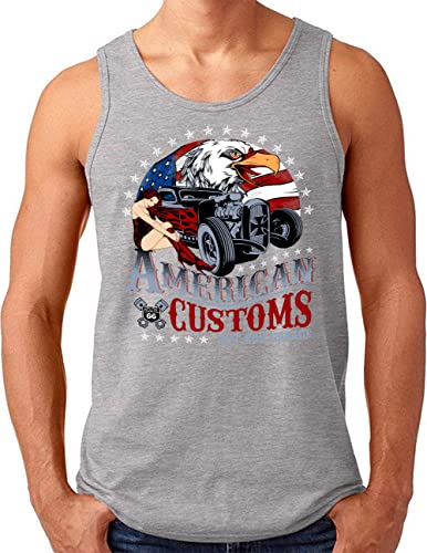 OM3® American Customs Hot Rod Tank Top Shirt | Herren | US Pin Up Girls Racing Classic Car | Grau Meliert, L von OM3