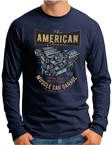 OM3® American Muscle Car Engine Langarm Shirt - Herren - Big-Block Motorblock Tuning USA Tuner - Navy, XL von OM3