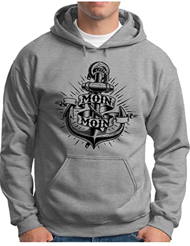 OM3® Anker mit Moin Hoodie | Herren | Slogan Strand Meer Spruch Küste Statement | Kapuzen-Pullover Grau Meliert, 4XL von OM3