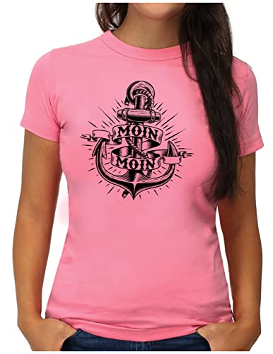 OM3® Anker mit Moin T-Shirt - Damen - Slogan Strand Meer Spruch Küste Statement - M, Pink von OM3