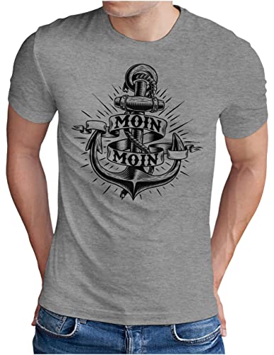 OM3® Anker mit Moin T-Shirt - Herren - Slogan Strand Meer Spruch Küste Statement - Grau Meliert, L von OM3