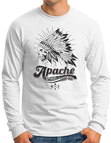 OM3® Apache-Skull Langarm Shirt | Herren | Indianer Warrior Apachen Kämpfer Indians | Weiß, L von OM3