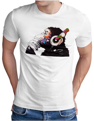 OM3® Ape-Music T-Shirt | Herren | Music DJ Monkey Headphones Party Graphic | Weiß, 3XL von OM3