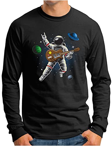 OM3® Astronaut Langarm Shirt | Herren | Gitarre Rock Musik Planet Galaxy Space Band Festival | Schwarz, L von OM3