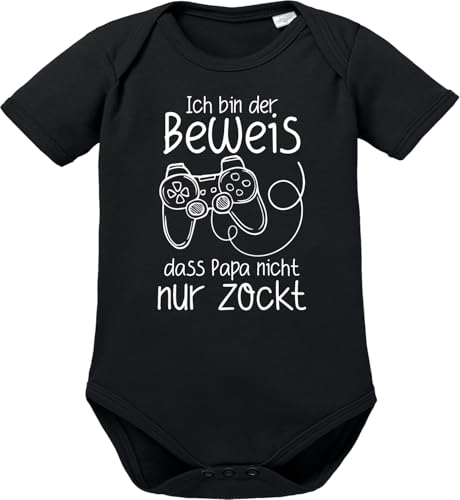 OM3® Babybody mit Spruch - Ich bin der Beweis dass Papa nicht nur zockt mit Controller II - Kurzarm Baby Body - Bio-Baumwolle - Mädchen Junge - Schwarz - 50-56 von OM3