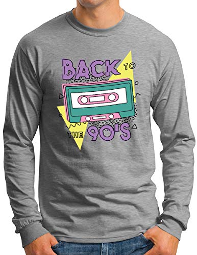 OM3® Back to The 90's Langarm Shirt | Herren | Retro Cassette Tape Musik | Grau Meliert, XL von OM3