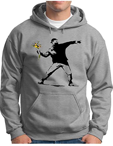 OM3® Banksy Flower Thrower Blumenwerfer Hoodie | Herren | Urban Street II Art Peace Graffiti Punk Indie Sozial Kritik | Kapuzen-Pullover Grau Meliert, XXL von OM3