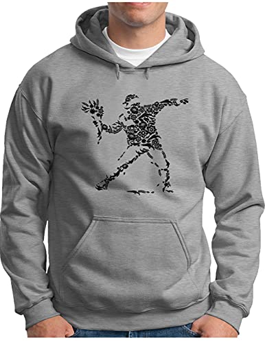 OM3® Banksy Flower Thrower Hoodie | Herren | Urban Street Art Graffiti Blume Mosaik Graphic Icons | Kapuzen-Pullover Grau Meliert, L von OM3