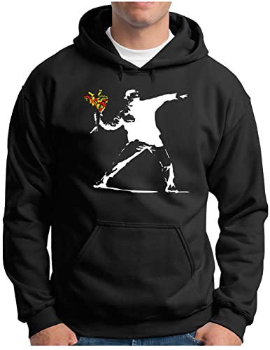 OM3® Banksy Flower Thrower Hoodie | Herren | Urban Street Art Peace Graffiti Punk Indie Sozial Kritik | Kapuzen-Pullover Schwarz, L von OM3