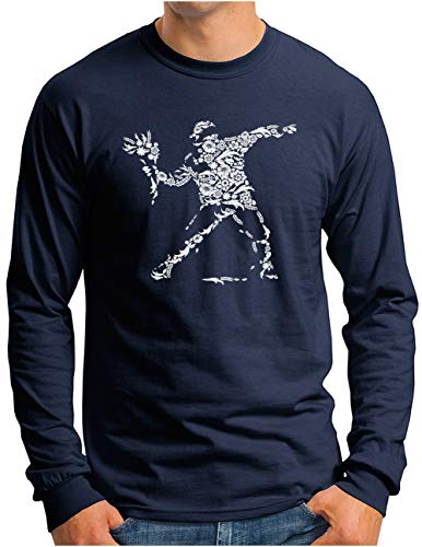 OM3® Banksy Flower Thrower Langarm Shirt | Herren | Urban Street Art Graffiti Blume Mosaik Graphic Icons | Navy, L von OM3