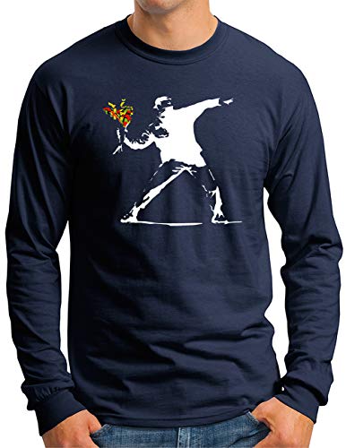 OM3® Banksy Flower Thrower Langarm Shirt | Herren | Urban Street Art Peace Graffiti Punk Indie Sozial Kritik | Navy, S von OM3