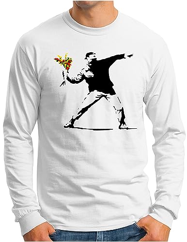 OM3® Banksy Flower Thrower Langarm Shirt | Herren | Urban Street III Art Peace Graffiti Punk Blume Sozial Kritik | Weiß, 3XL von OM3