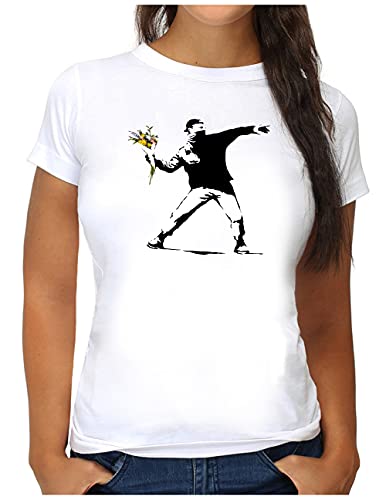 OM3® Banksy Flower Thrower T-Shirt | Damen | Urban Street II Art Peace Graffiti Punk Indie Sozial Kritik Swag | L, Weiß von OM3