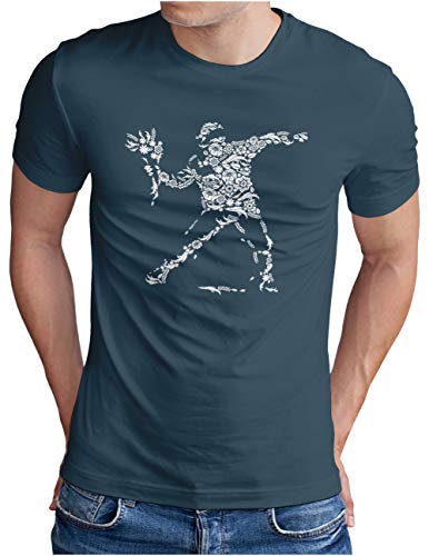 OM3® Banksy Flower Thrower T-Shirt - Herren - Urban Street Art Graffiti Blume Mosaik Graphic Icons - Denim, 3XL von OM3