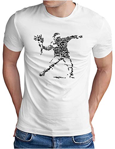 OM3® Banksy Flower Thrower T-Shirt | Herren | Urban Street Art Graffiti Blume Mosaik Graphic Icons | Weiß, L von OM3