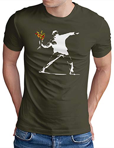 OM3® Banksy Flower Thrower T-Shirt | Herren | Urban Street Art Peace Graffiti Punk Indie Sozial Kritik | Oliv, M von OM3