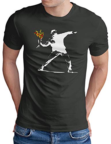 OM3® Banksy Flower Thrower T-Shirt | Herren | Urban Street Art Peace Graffiti Punk Indie Sozial Kritik | Dark Grey, M von OM3