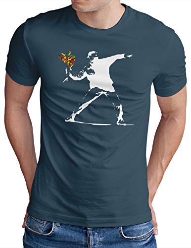 OM3® Banksy Flower Thrower T-Shirt | Herren | Urban Street Art Peace Graffiti Punk Indie Sozial Kritik | Denim, M von OM3