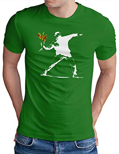 OM3® Banksy Flower Thrower T-Shirt | Herren | Urban Street Art Peace Graffiti Punk Indie Sozial Kritik | Grün, L von OM3