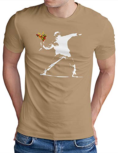 OM3® Banksy Flower Thrower T-Shirt | Herren | Urban Street Art Peace Graffiti Punk Indie Sozial Kritik | Khaki, L von OM3