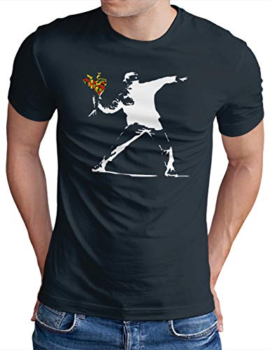 OM3® Banksy Flower Thrower T-Shirt | Herren | Urban Street Art Peace Graffiti Punk Indie Sozial Kritik | Navy, 3XL von OM3