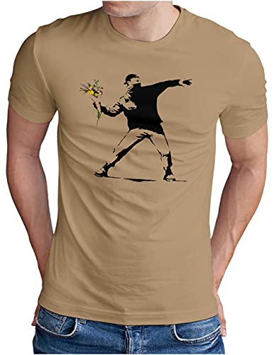 OM3® Banksy Flower Thrower T-Shirt | Herren | Urban Street II Art Peace Graffiti Punk Indie Sozial Kritik Swag | Khaki, M von OM3