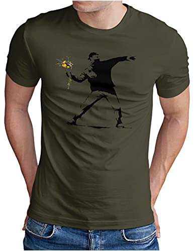 OM3® Banksy Flower Thrower T-Shirt | Herren | Urban Street II Art Peace Graffiti Punk Indie Sozial Kritik Swag | Oliv, M von OM3