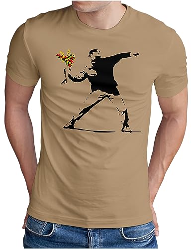 OM3® Banksy Flower Thrower T-Shirt | Herren | Urban Street III Art Peace Graffiti Punk Blume Sozial Kritik | Khaki, M von OM3