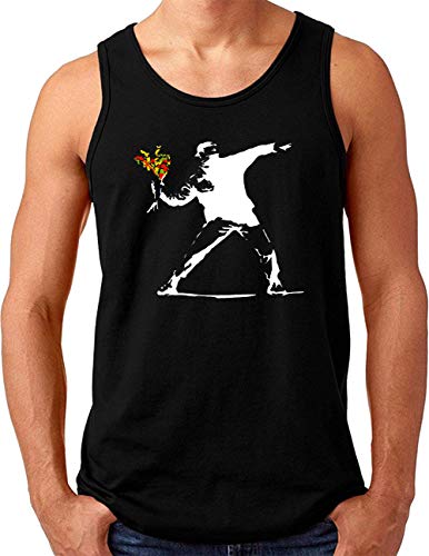 OM3® Banksy Flower Thrower Tank Top Shirt | Herren | Urban Street Art Peace Graffiti Punk Indie Sozial Kritik | Schwarz, 3XL von OM3