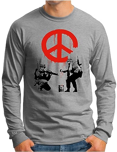 OM3® Banksy War Peace Langarm Shirt | Herren | Urban Street Art Graffiti | Grau Meliert, XL von OM3