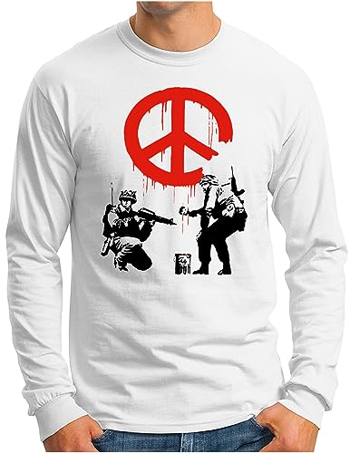 OM3® Banksy War Peace Langarm Shirt | Herren | Urban Street Art Graffiti | Weiß, L von OM3