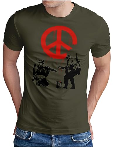 OM3® Banksy War Peace T-Shirt | Herren | Urban Street Art Graffiti | Oliv, 3XL von OM3