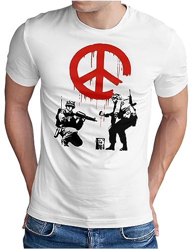 OM3® Banksy War Peace T-Shirt | Herren | Urban Street Art Graffiti | Weiß, 3XL von OM3