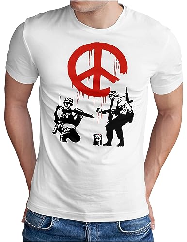 OM3® Banksy War Peace T-Shirt | Herren | Urban Street Art Graffiti | Weiß, L von OM3