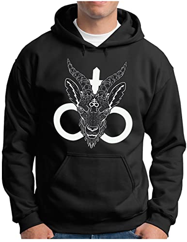 OM3® Baphomet Goat Skull Hoodie | Herren | Satanismus Ziege Pentagramm Atheist II | Kapuzen-Pullover Schwarz, 3XL von OM3