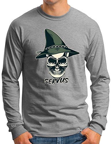 OM3® Bavaria-Skull-Filzhut Langarm Shirt | Herren | Servus Oktoberfest Totenkopf Bayrisch Bayern | Grau Meliert, M von OM3