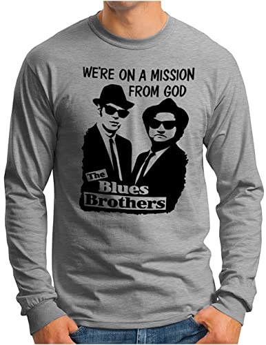 OM3® Blues Brothers Langarm Shirt - Herren - On A Mission from God Jake and Elwood - Grau Meliert, XXL von OM3