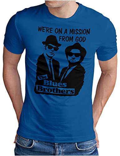 OM3® Blues Brothers T-Shirt | Herren | On A Mission from God Jake and Elwood | Blau, XXL von OM3