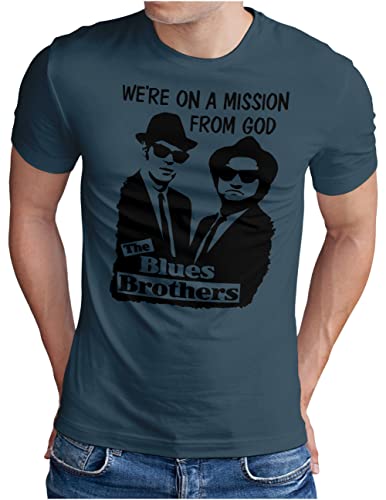 OM3® Blues Brothers T-Shirt | Herren | On A Mission from God Jake and Elwood | Denim, L von OM3