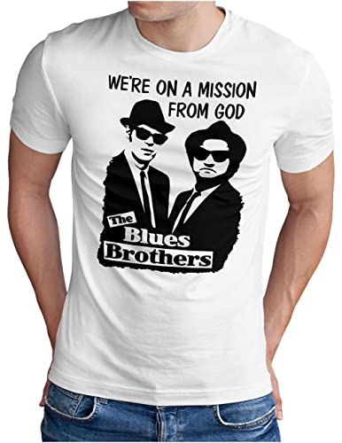 OM3® Blues Brothers T-Shirt | Herren | On A Mission from God Jake and Elwood | Weiß, 3XL von OM3