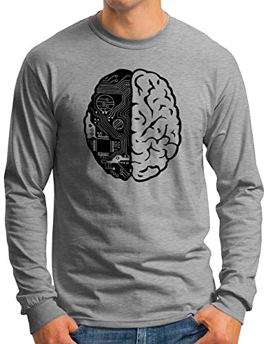 OM3® Brain-Computer-CPU-Chip Langarm Shirt - Herren - Geek IT Admin Coder Cyborg Nerd - Grau Meliert, XL von OM3