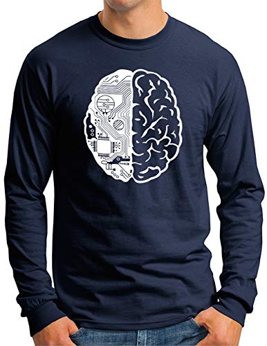 OM3® Brain-Computer-CPU-Chip Langarm Shirt - Herren - Geek IT Admin Coder Cyborg Nerd - Navy, M von OM3