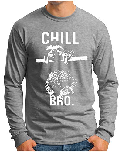 OM3® - CHILL-BRO - Langarm T-Shirt | Herren | Faultier Sloth Lustiges Chiller Fun Shirt | Grau Meliert, L von OM3