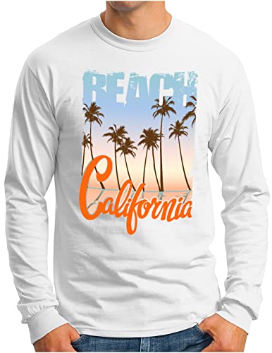 OM3® Cali Beach California Langarm Shirt | Herren | Vintage Badge Surfing Surfer Sunshine Golden State | Weiß, XL von OM3