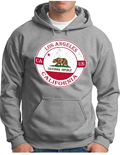 OM3® Cali Bear California Hoodie | Herren | Los Angeles L.A. Badge Logo Sunshine State USA | Kapuzen-Pullover Grau Meliert, L von OM3