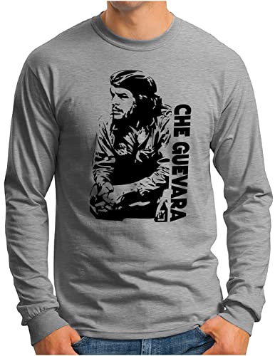 OM3® Che Guevara Langarm Shirt | Herren | EL Comandante Kuba Guerrilla Revolution | Grau Meliert, XXL von OM3