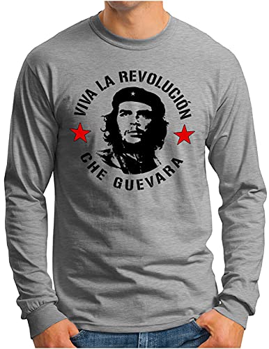 OM3® Che Guevara Langarm Shirt | Herren | Viva La Revolucion Guerilla Kämpfer | Grau Meliert, M von OM3