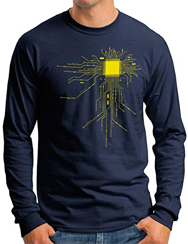 OM3® Computer-CHIP-Heart Langarm Shirt - Herren - Geek CPU Nerd IT Admin Coder Cyborg - Navy, M von OM3