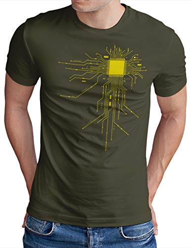 OM3® Computer-CHIP-Heart T-Shirt - Herren - Geek CPU Nerd IT Admin Coder Cyborg - Oliv, S von OM3